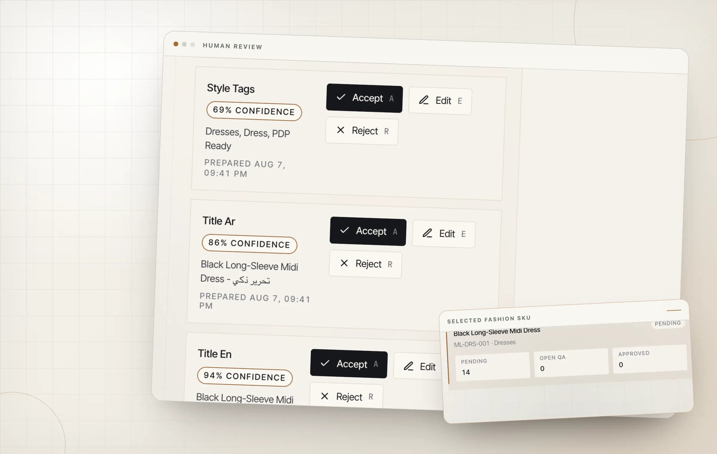 Review console with an Arabic product title suggestion and approval controls